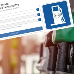 Strona internetowa do sprawdzania kompatybilności pojazdu z benzyną E10, obok dystrybutora paliwa.
