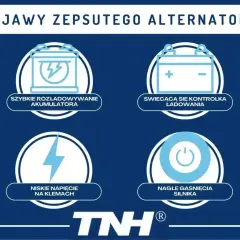 Objawy zepsutego alternatora w samochodzie: szybkie rozładowywanie akumulatora, świecąca kontrolka ładowania, niskie napięcie, nagłe gaśnięcie silnika.