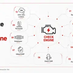 Najczęstsze przyczyny zapalenia się kontrolki check engine: świece, cewki, wtryskiwacze, sonda lambda, przepływomierz MAF, zawór EGR, układ EVAP, katalizator, termostat, SCR/NOx.