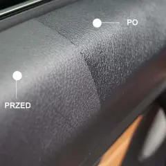 Przed i po czyszczeniu kokpitu w samochodzie domowym sposobem. Widać wyraźną różnicę w wyglądzie plastiku.