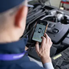 Mechanik sprawdza kody błędów OBD po polsku na smartfonie, analizując raport z pomiaru lakieru.