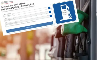Strona internetowa do sprawdzania kompatybilności pojazdu z benzyną E10, obok dystrybutora paliwa.