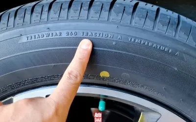 Palec wskazuje żółtą kropkę na oponie, obok napisu "TREADWEAR 260 TRACTION A TEMPERATURE A".