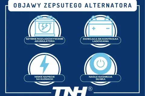 Objawy zepsutego alternatora w samochodzie: szybkie rozładowywanie akumulatora, świecąca kontrolka ładowania, niskie napięcie, nagłe gaśnięcie silnika.