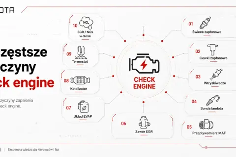 Najczęstsze przyczyny zapalenia się kontrolki check engine: świece, cewki, wtryskiwacze, sonda lambda, przepływomierz MAF, zawór EGR, układ EVAP, katalizator, termostat, SCR/NOx.