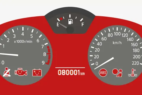 VW Polo 9N: kontrolki i wskaźniki. Opis kontrolek: pasy, silnik, akumulator, ABS, poduszka, temperatura. Przebieg 80001 km.