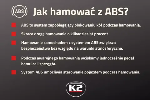 Jak hamować z ABS? System zapobiega blokowaniu kół, skraca drogę hamowania i zwiększa bezpieczeństwo. W awaryjnym hamowaniu wciskaj pedał hamulca i sprzęgła.