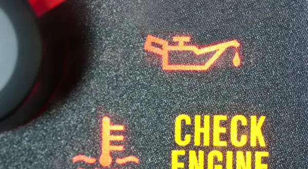 Pomarańczowa kontrolka oleju świeci się obok ikony termometru i napisu "CHECK ENGINE".