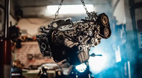 Silnik zawieszony na łańcuchach, z widocznym skomplikowanym układem pasków i kół zębatych. Może to być moment, gdy mechanik diagnozuje objawy rozrządu.