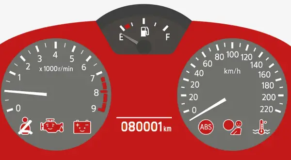 VW Polo 9N: kontrolki i wskaźniki. Opis kontrolek: pasy, silnik, akumulator, ABS, poduszka, temperatura. Przebieg 80001 km.