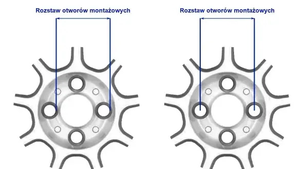 Dwa felgi z zaznaczonym rozstawem śrub. Różne rozstawy otworów montażowych na felgach.