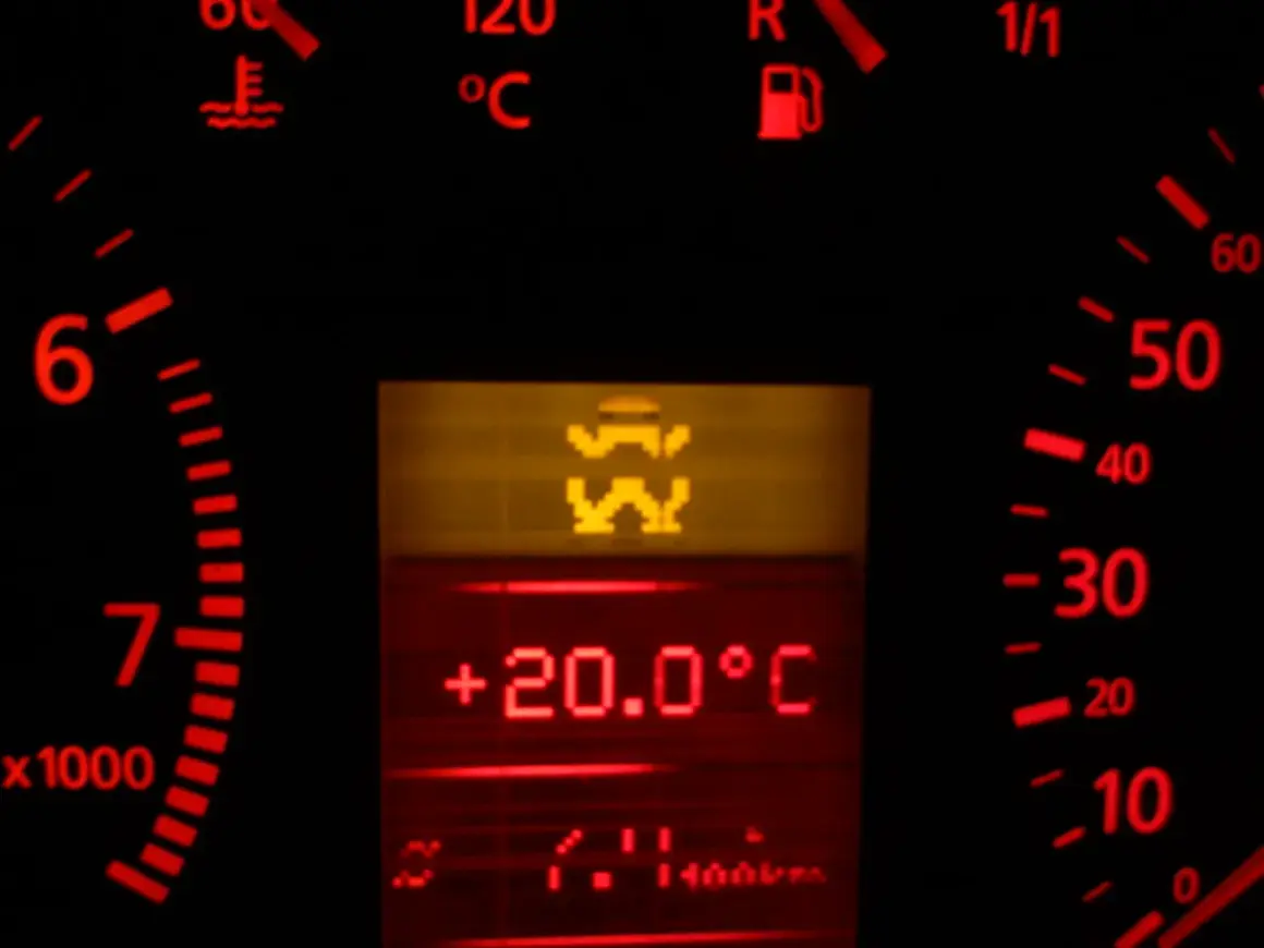 Kontrolki Audi A4 B6: kontrolka ESP, temperatura +20°C, obrotomierz, wskaźnik paliwa.
