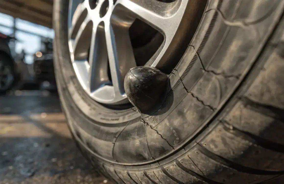 Widoczne wybrzuszenie na oponie, świadczące o jej uszkodzeniu. Pęknięcia na gumie pogarszają sytuację.