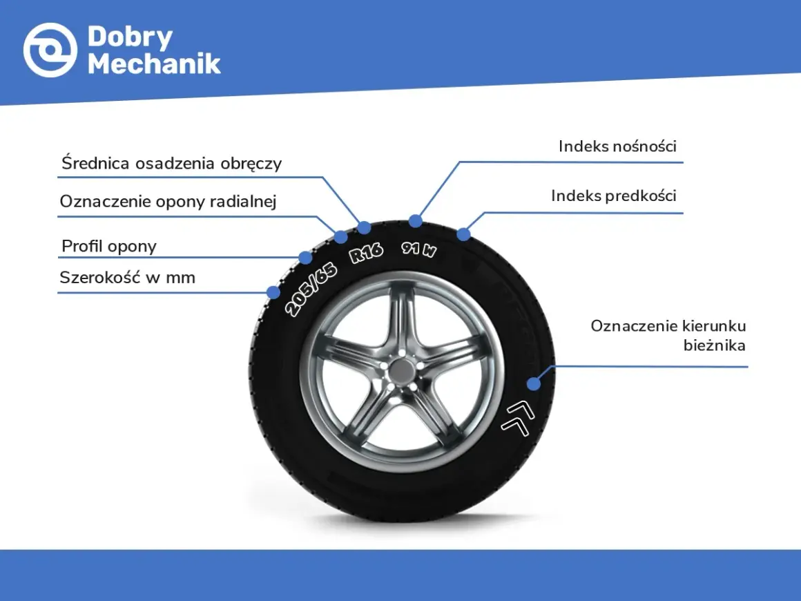 Na oponie widoczna jest szerokość 205 mm, profil 65, rozmiar felgi R16, indeks nośności 91 i indeks prędkości W.