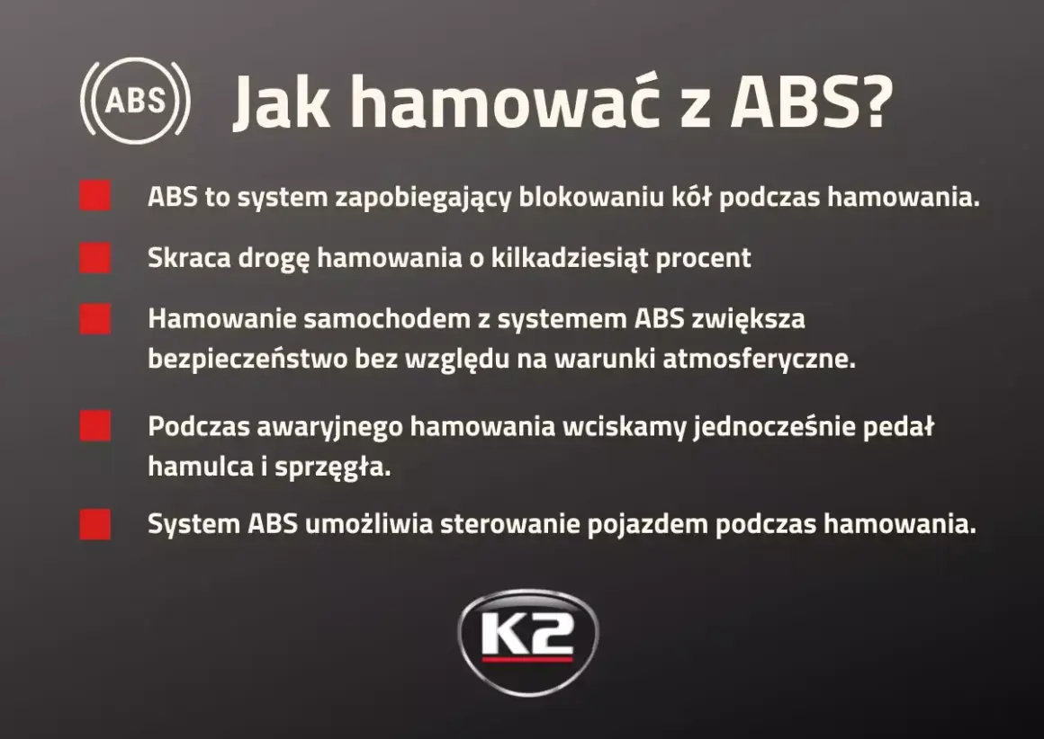 Jak hamować z ABS? System zapobiega blokowaniu kół, skraca drogę hamowania i zwiększa bezpieczeństwo. W awaryjnym hamowaniu wciskaj pedał hamulca i sprzęgła.