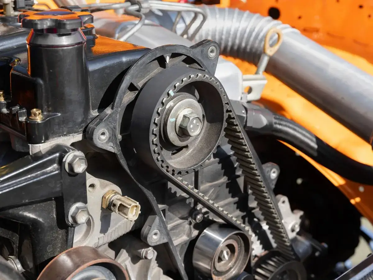 Silnik samochodowy z widocznym paskiem rozrządu. Zastanawiasz się, ile trwa wymiana rozrządu? To zależy od modelu auta i mechanika.