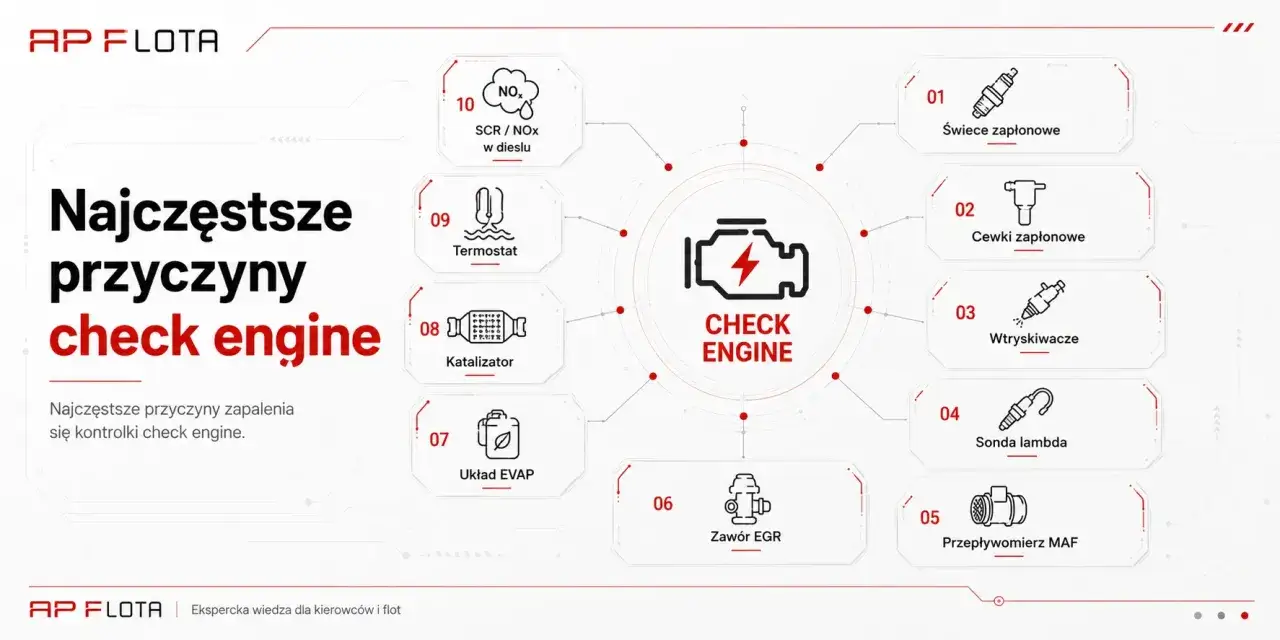 Najczęstsze przyczyny zapalenia się kontrolki check engine: świece, cewki, wtryskiwacze, sonda lambda, przepływomierz MAF, zaw&oacute;r EGR, układ EVAP, katalizator, termostat, SCR/NOx.