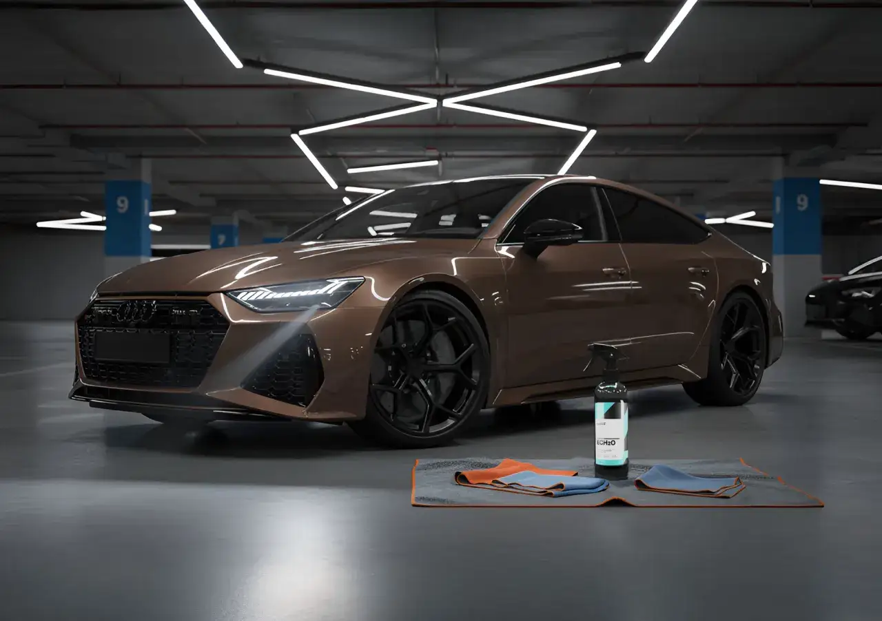 Elegancki brązowy samochód Audi czeka na detailing. Obok leży butelka z płynem i ściereczki, które pomogą Ci dowiedzieć się, czym myć samochód, by lśnił jak nowy.