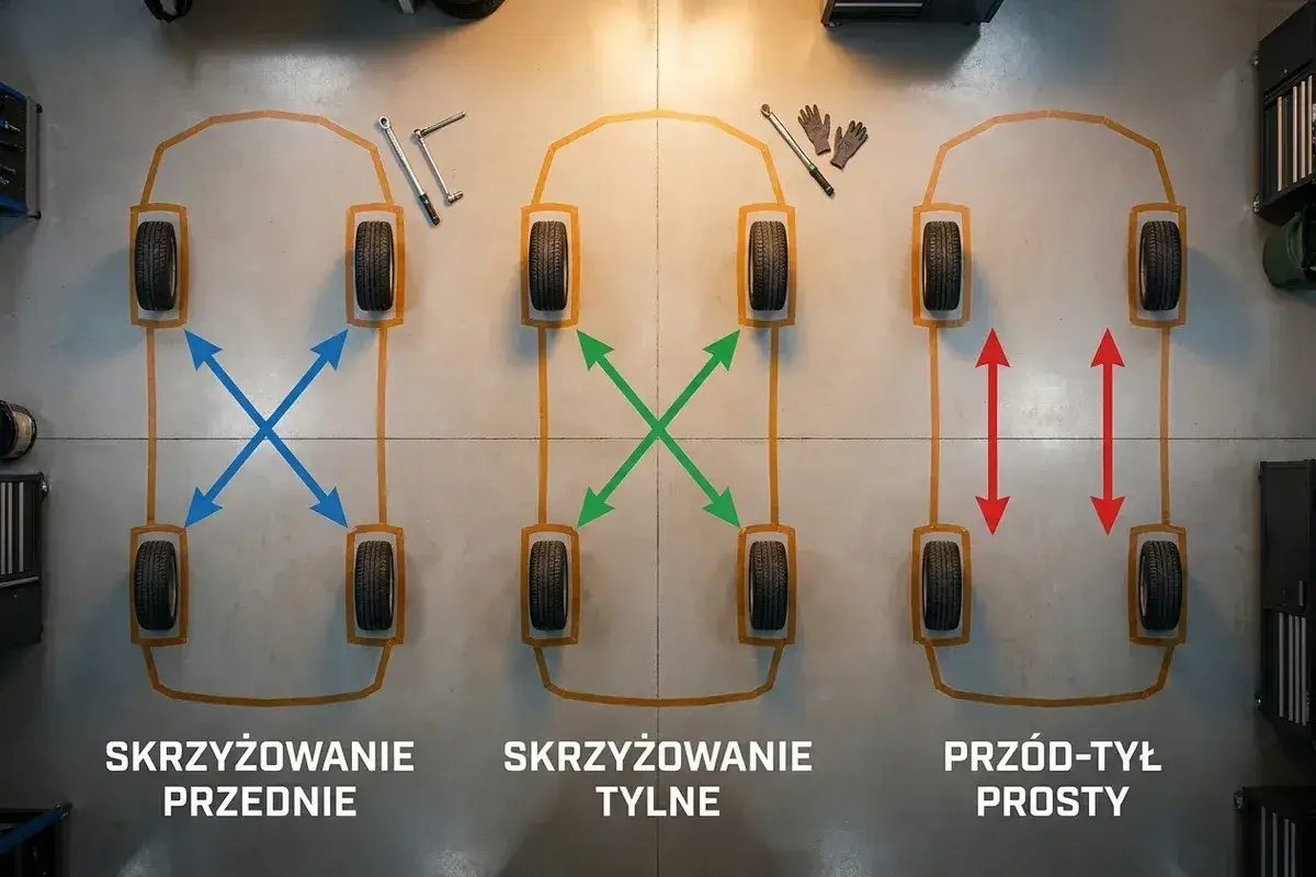 Schemat rotacji opon: skrzyżowanie przednie (niebieskie strzałki), skrzyżowanie tylne (zielone strzałki), przód-tył prosty (czerwone strzałki). Narzędzia i rękawice obok.
