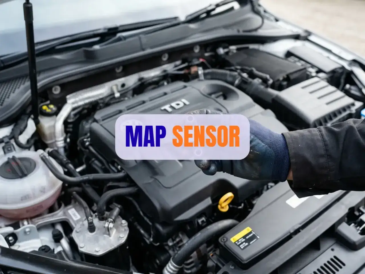 Ręka w rękawicy wskazuje na silnik samochodu, gdzie znajduje się MAP SENSOR.