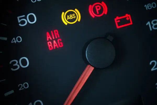 Czerwona kontrolka SRS AIRBAG świeci się na desce rozdzielczej, sygnalizując problem z poduszkami powietrznymi.