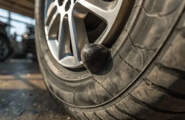 Widoczne wybrzuszenie na oponie, świadczące o jej uszkodzeniu. Pęknięcia na gumie pogarszają sytuację.