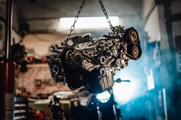 Silnik zawieszony na łańcuchach, z widocznym skomplikowanym układem pasków i kół zębatych. Może to być moment, gdy mechanik diagnozuje objawy rozrządu.