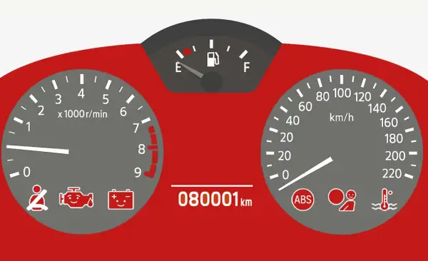 VW Polo 9N: kontrolki i wskaźniki. Opis kontrolek: pasy, silnik, akumulator, ABS, poduszka, temperatura. Przebieg 80001 km.